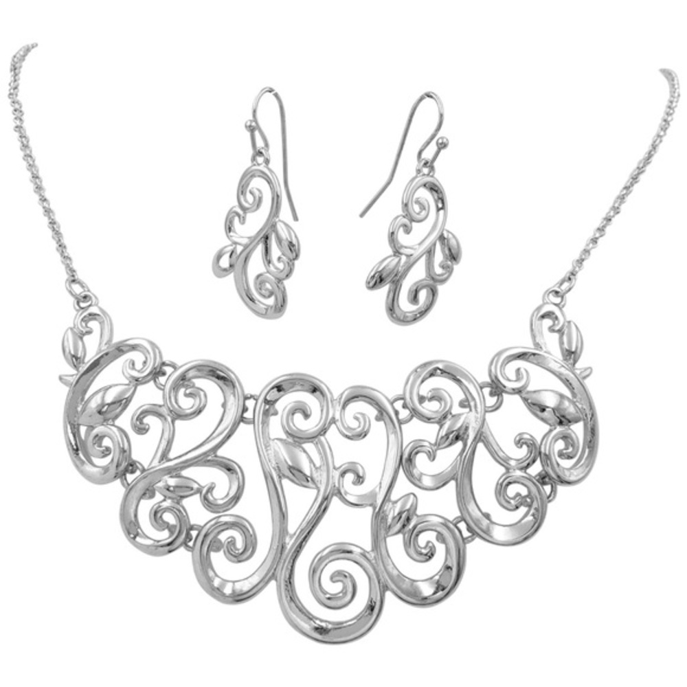 Silver Swirls Elegant Bib Statement Necklace Earrings Set